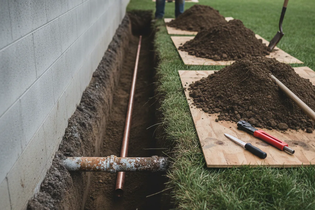 Excavated water line trench during Sewer Line Repair in Pleasureville
